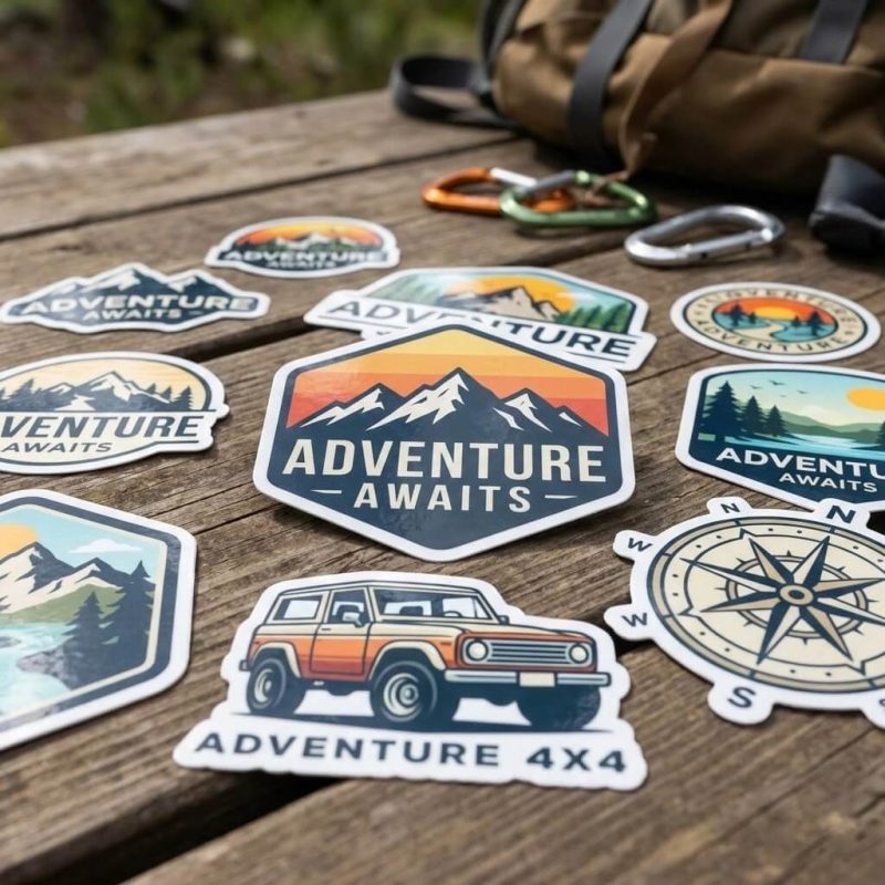 A group of custom die cut stickers with vibrant cartoon designs on a waterproof vinyl background.