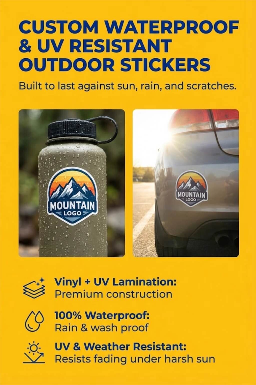 A group of custom die cut stickers with vibrant cartoon designs on a waterproof vinyl background.