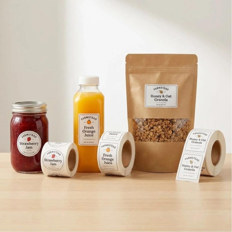 A roll of custom food labels with vibrant graphics being applied to glass juice bottles.
