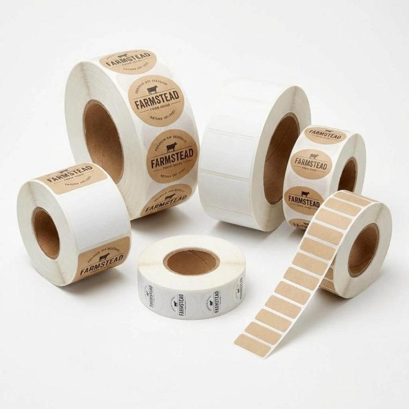 A roll of custom food labels with vibrant graphics being applied to glass juice bottles.