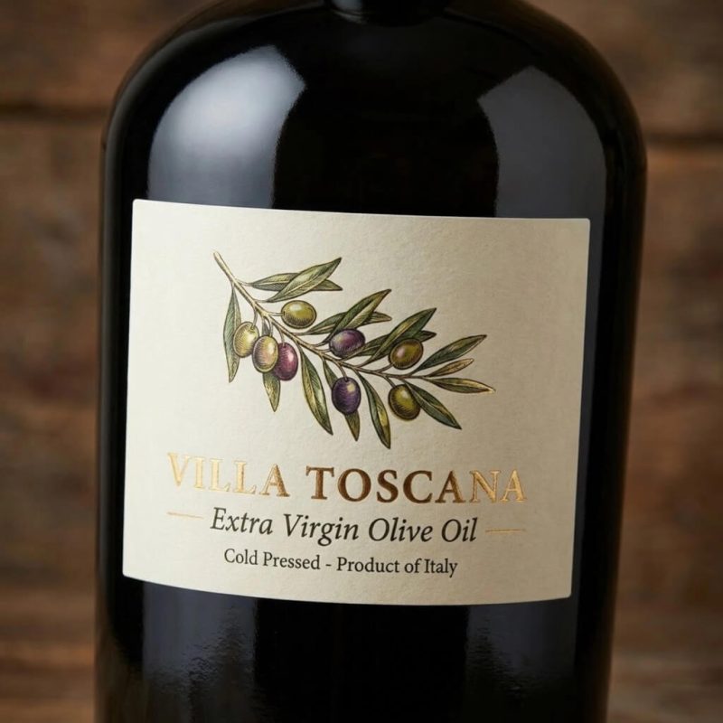 A roll of custom food labels with vibrant graphics being applied to glass juice bottles.