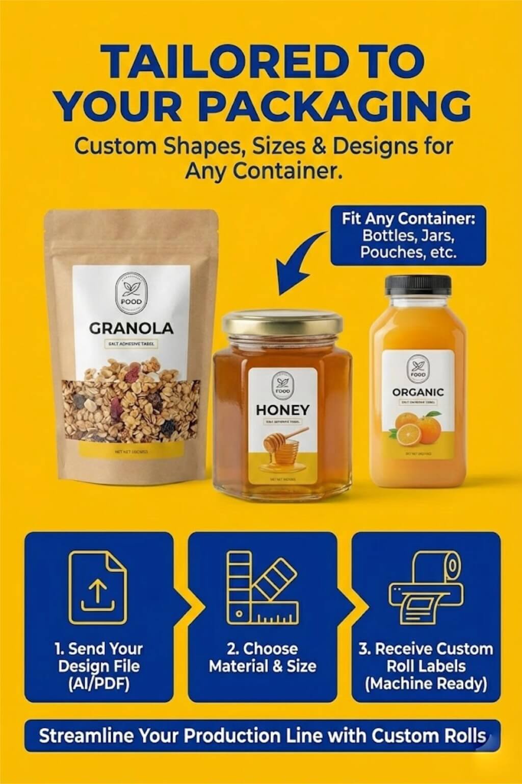 A roll of custom food labels with vibrant graphics being applied to glass juice bottles.