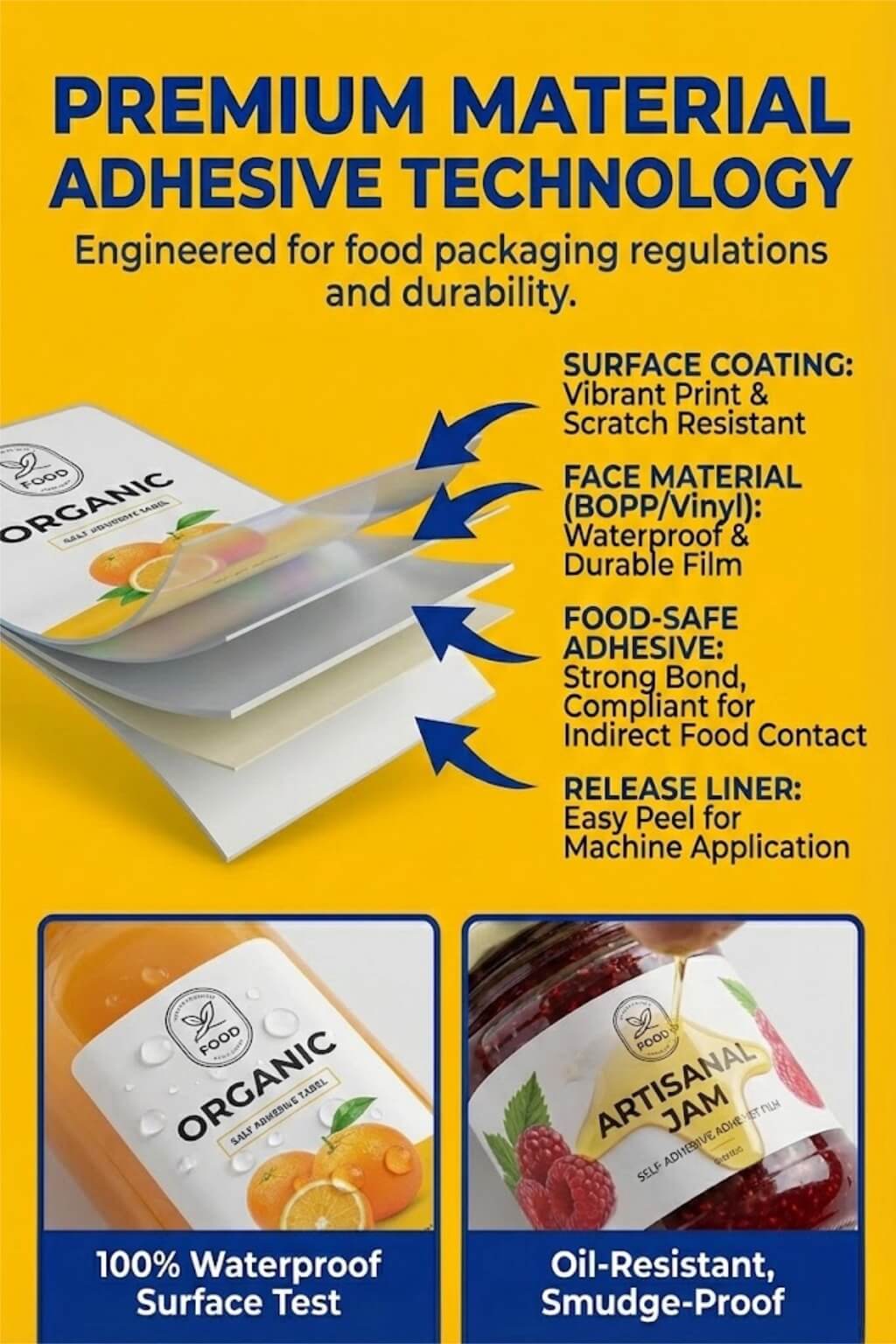 A roll of custom food labels with vibrant graphics being applied to glass juice bottles.