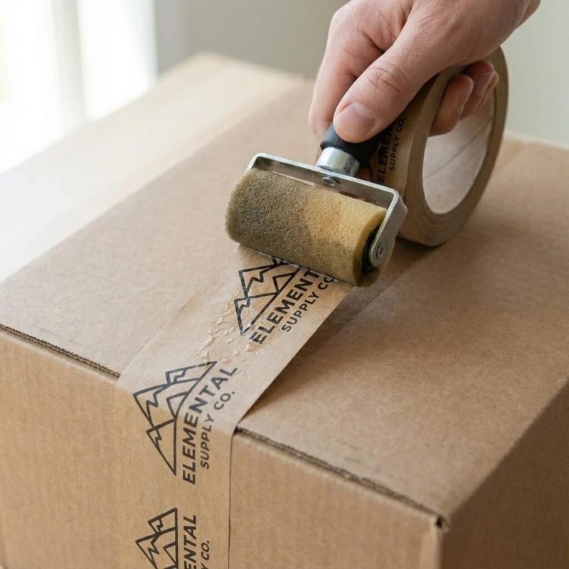 A roll of custom water activated packing tape with a black logo printed on natural kraft paper.