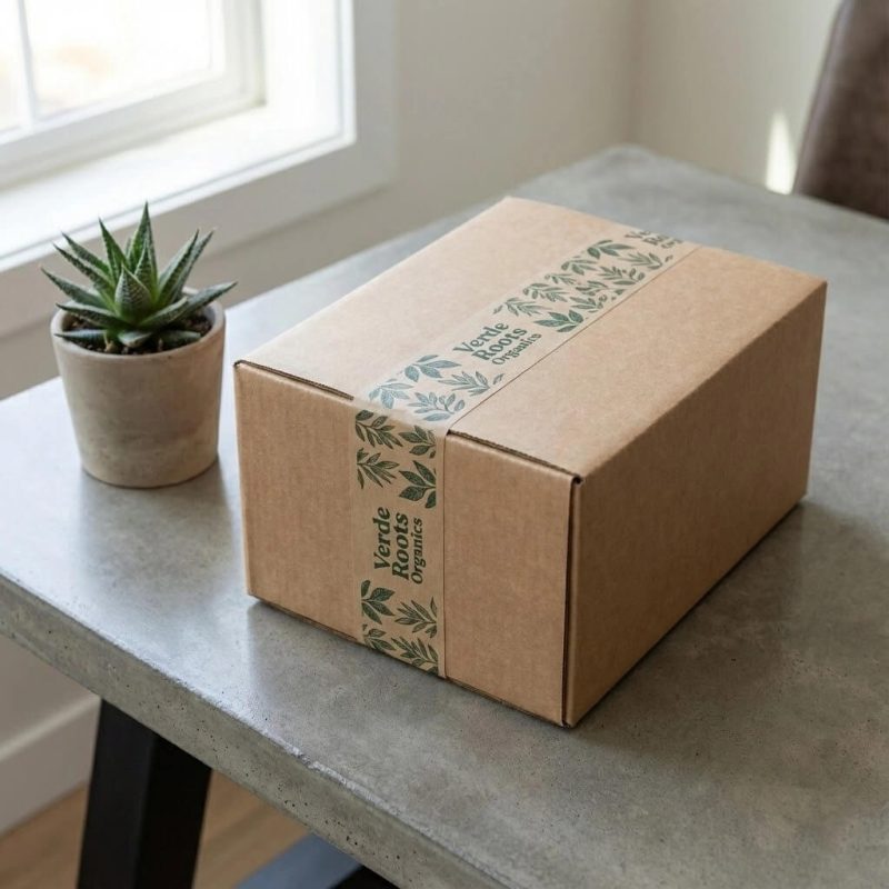 A roll of custom water activated packing tape with a black logo printed on natural kraft paper.