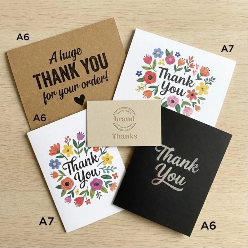 A group of personalized modern package insert cards with gold foil logos on a textured paper background.