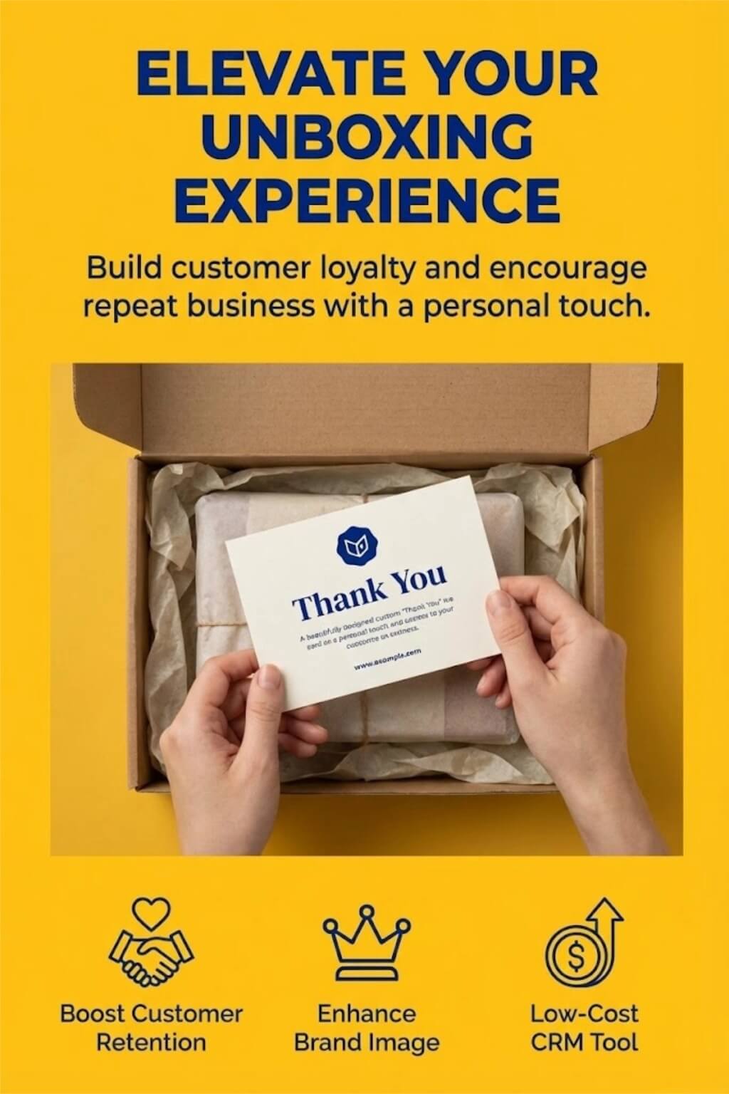 A group of personalized modern package insert cards with gold foil logos on a textured paper background.
