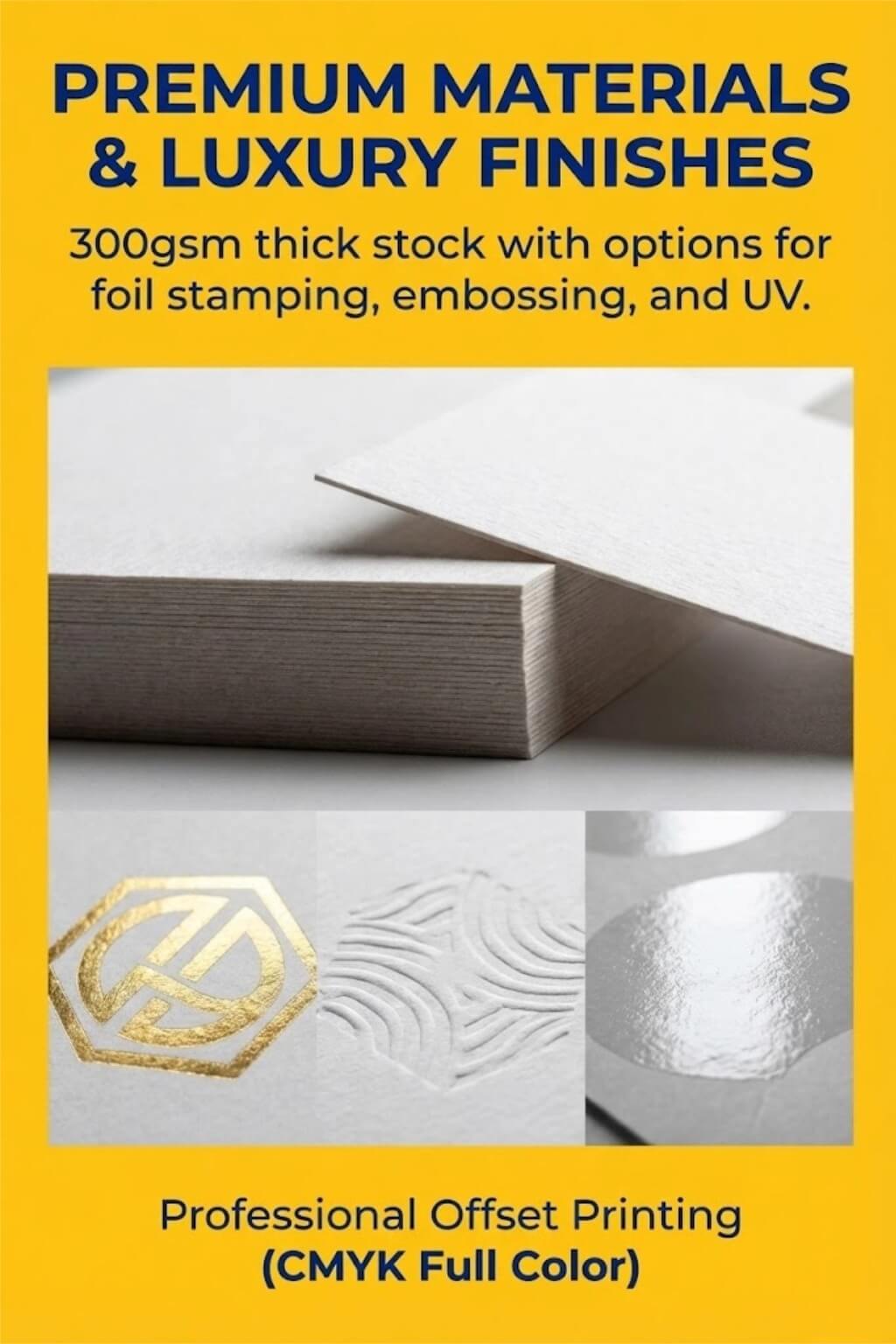 A group of personalized modern package insert cards with gold foil logos on a textured paper background.