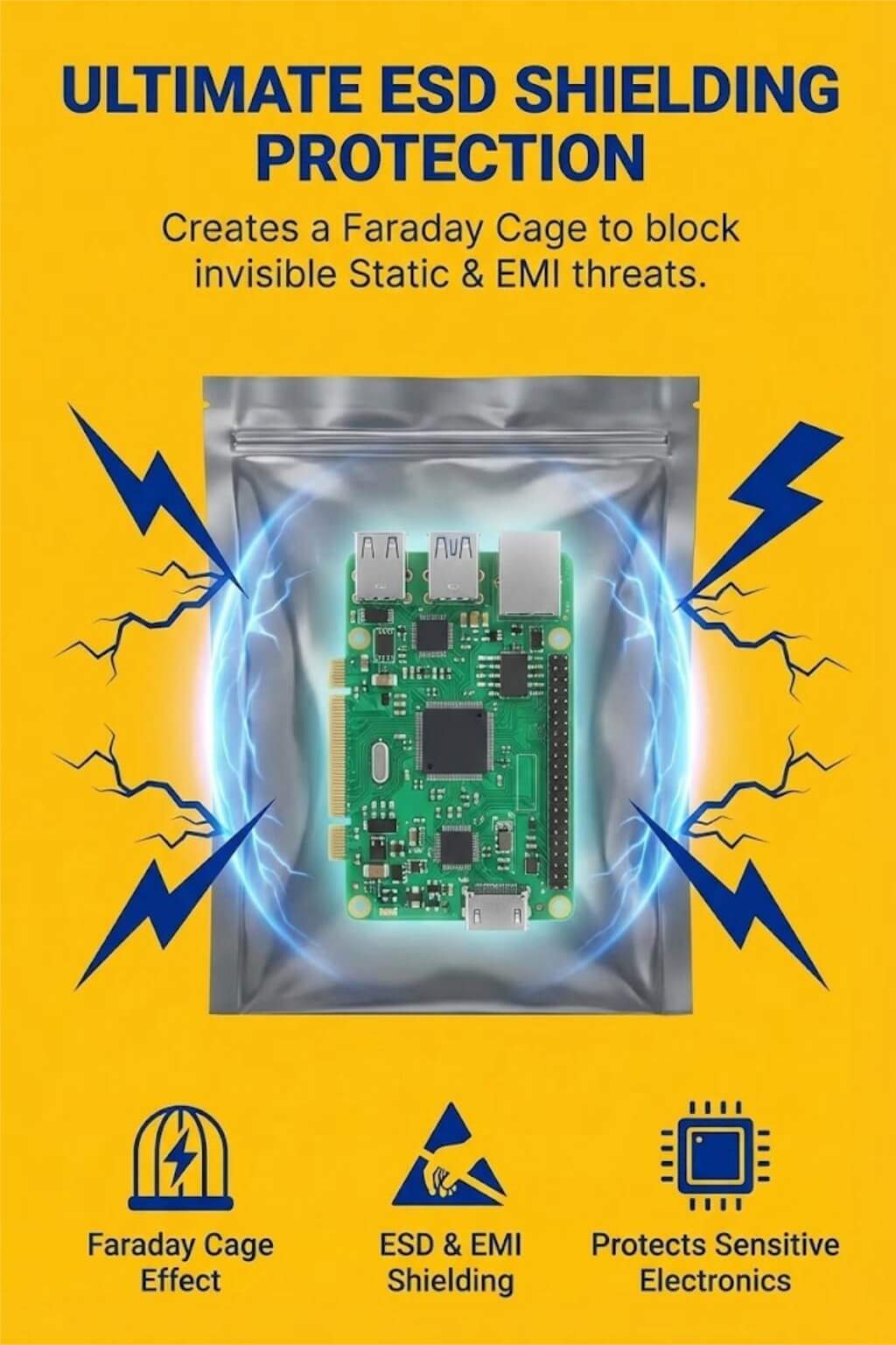 A translucent silver esd shielding bag containing a green computer motherboard (PCB).