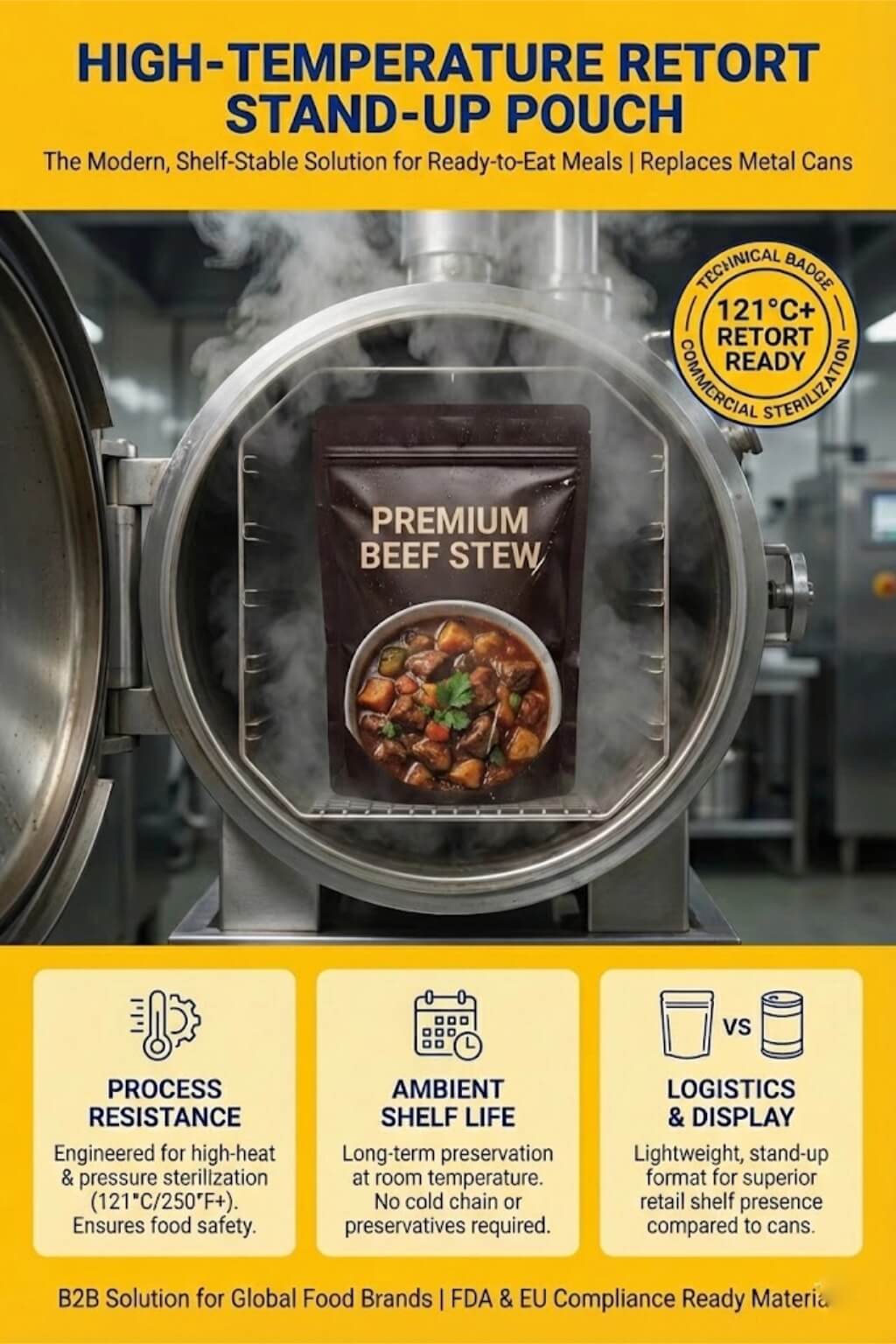 A high-barrier stand up retort pouch featuring a printed image of roasted chicken and vegetables.