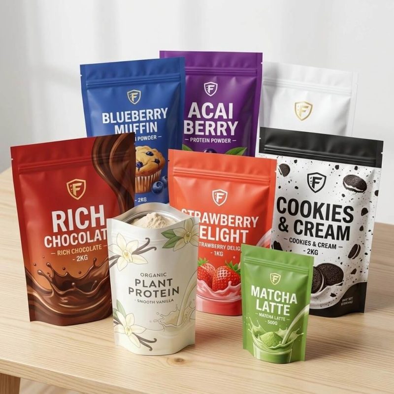 A custom printed pocket zipper stand-up pouch being opened to show a wide mouth filled with white protein powder and a scoop