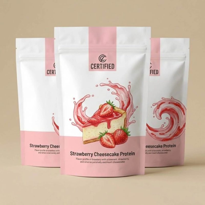 A custom printed pocket zipper stand-up pouch being opened to show a wide mouth filled with white protein powder and a scoop