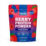 A custom printed pocket zipper stand-up pouch being opened to show a wide mouth filled with white protein powder and a scoop