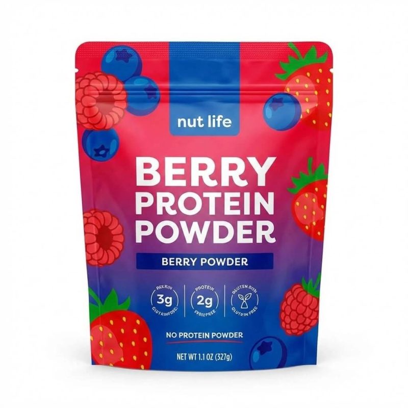 A custom printed pocket zipper stand-up pouch being opened to show a wide mouth filled with white protein powder and a scoop