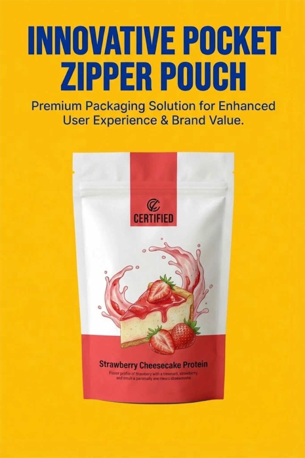A custom printed pocket zipper stand-up pouch being opened to show a wide mouth filled with white protein powder and a scoop