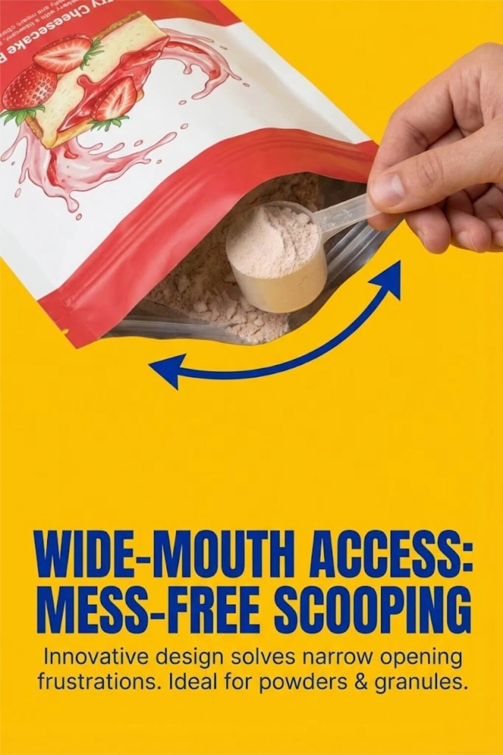 A custom printed pocket zipper stand-up pouch being opened to show a wide mouth filled with white protein powder and a scoop
