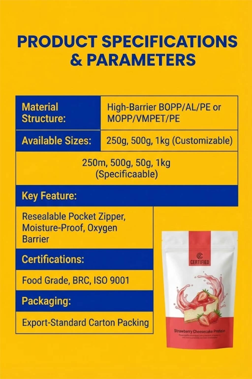 A custom printed pocket zipper stand-up pouch being opened to show a wide mouth filled with white protein powder and a scoop