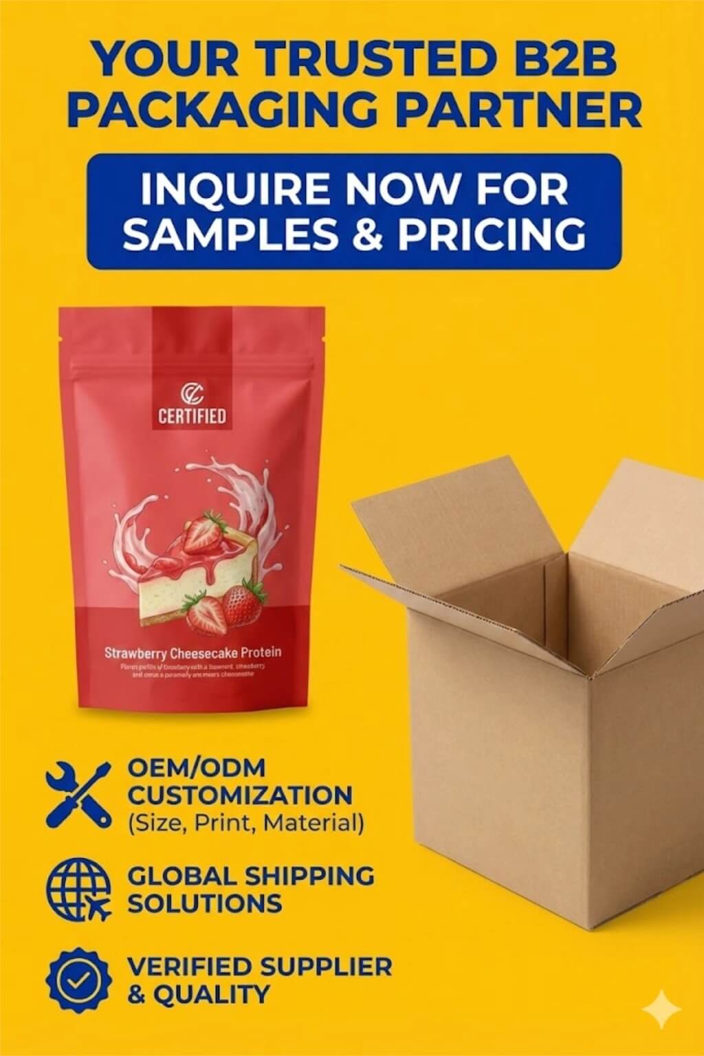 A custom printed pocket zipper stand-up pouch being opened to show a wide mouth filled with white protein powder and a scoop