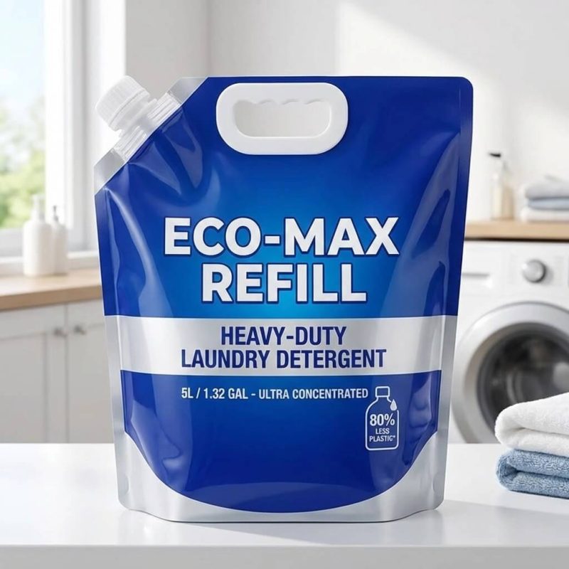 A large heavy duty spout pouch with a reinforced handle being filled with transparent liquid.