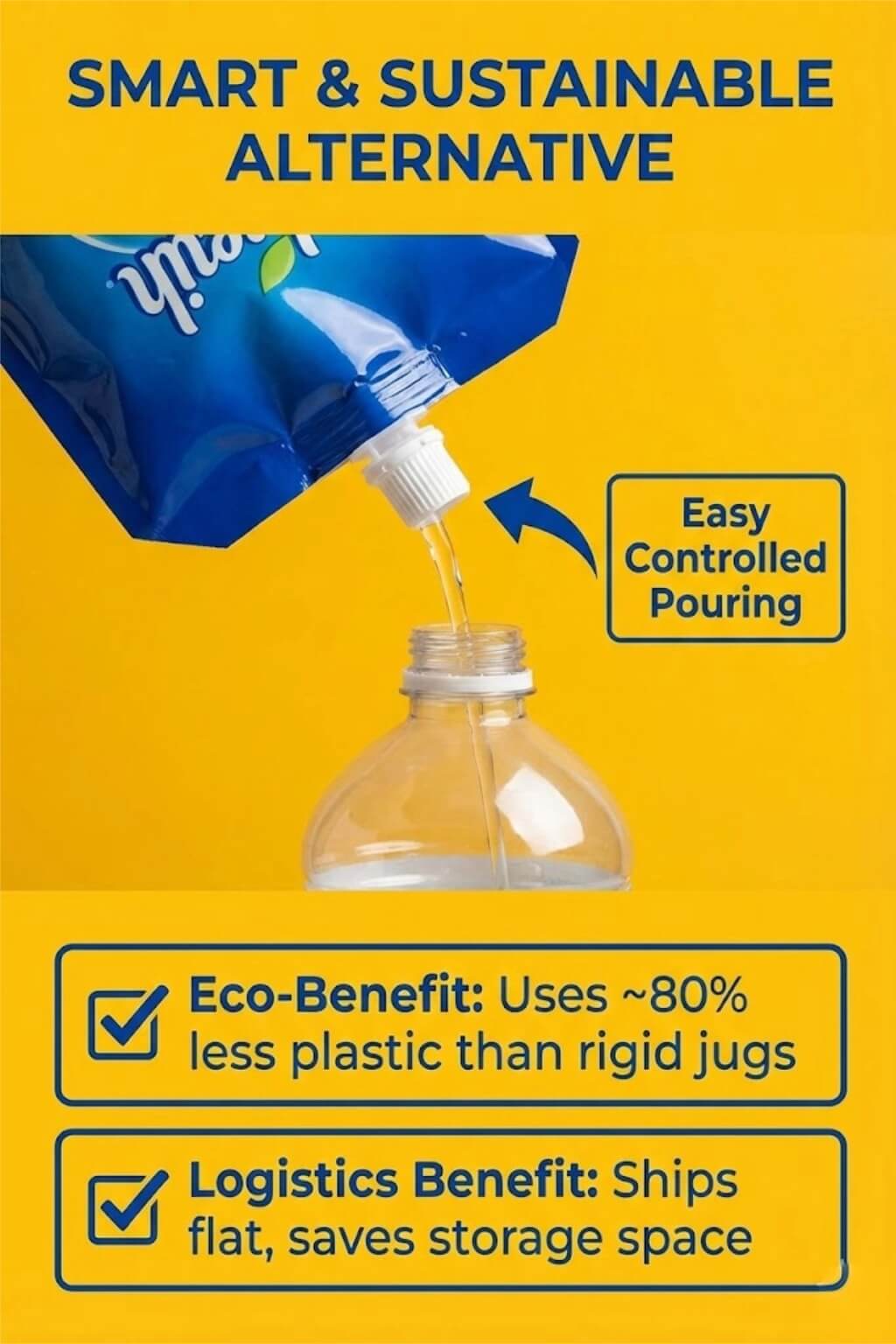 A large heavy duty spout pouch with a reinforced handle being filled with transparent liquid.