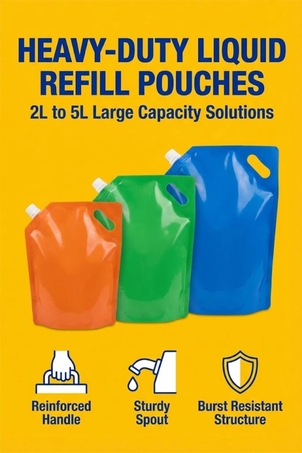 A large heavy duty spout pouch with a reinforced handle being filled with transparent liquid.