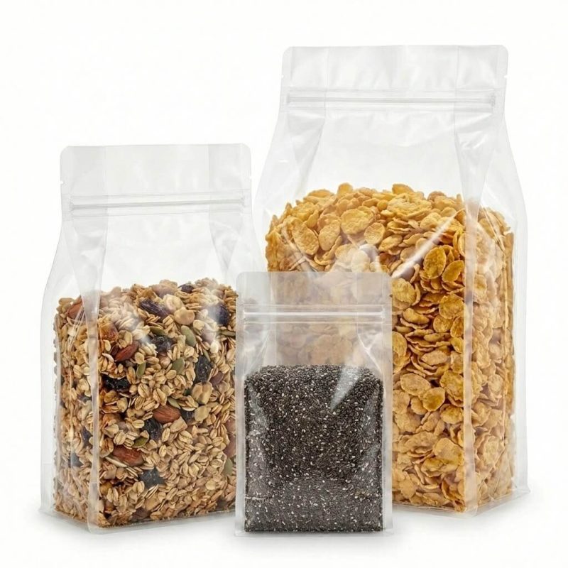 A high-clarity clear flat bottom bag filled with organic granola standing upright on a retail shelf.