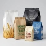 A large heavy duty bag with a flat bottom and a top handle, filled with 5kg of white flour.