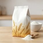 A large heavy duty bag with a flat bottom and a top handle, filled with 5kg of white flour.