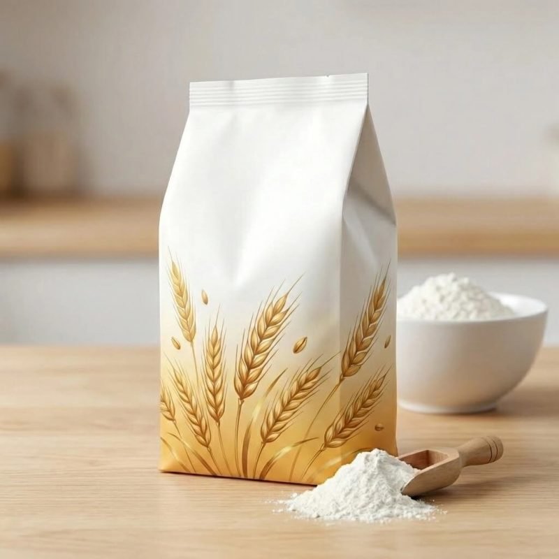 A large heavy duty bag with a flat bottom and a top handle, filled with 5kg of white flour.