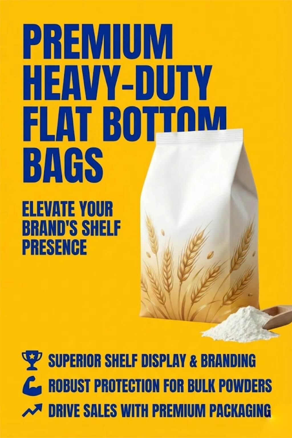 A large heavy duty bag with a flat bottom and a top handle, filled with 5kg of white flour.