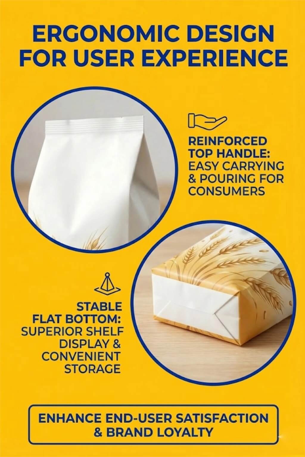 A large heavy duty bag with a flat bottom and a top handle, filled with 5kg of white flour.