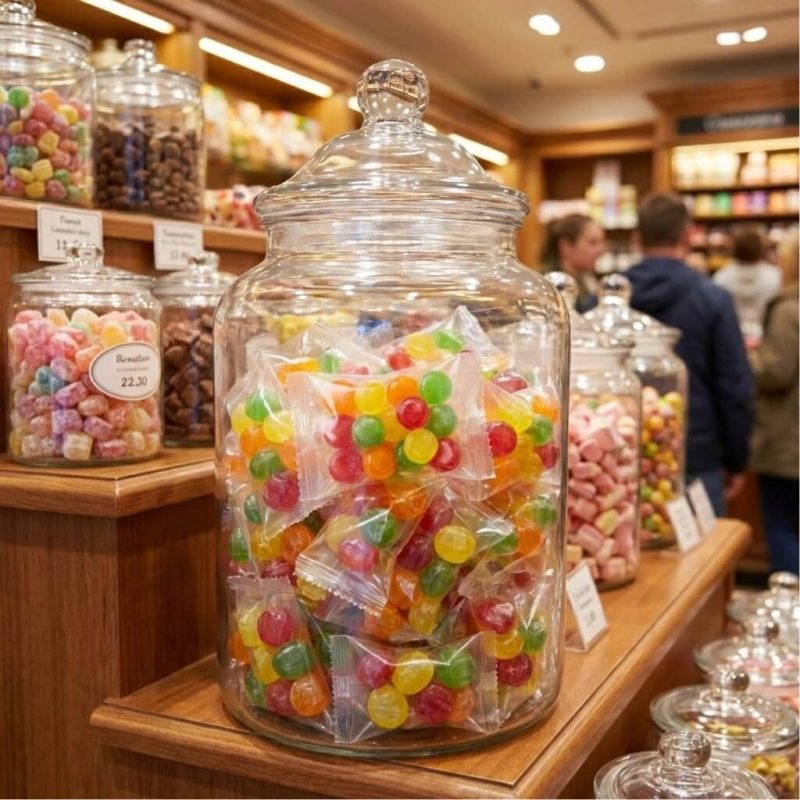 A transparent pillow-shaped pouch filled with colorful candies and sealed with a sawtooth edge.