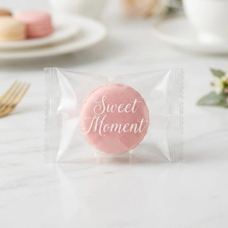 A transparent pillow-shaped pouch filled with colorful candies and sealed with a sawtooth edge.