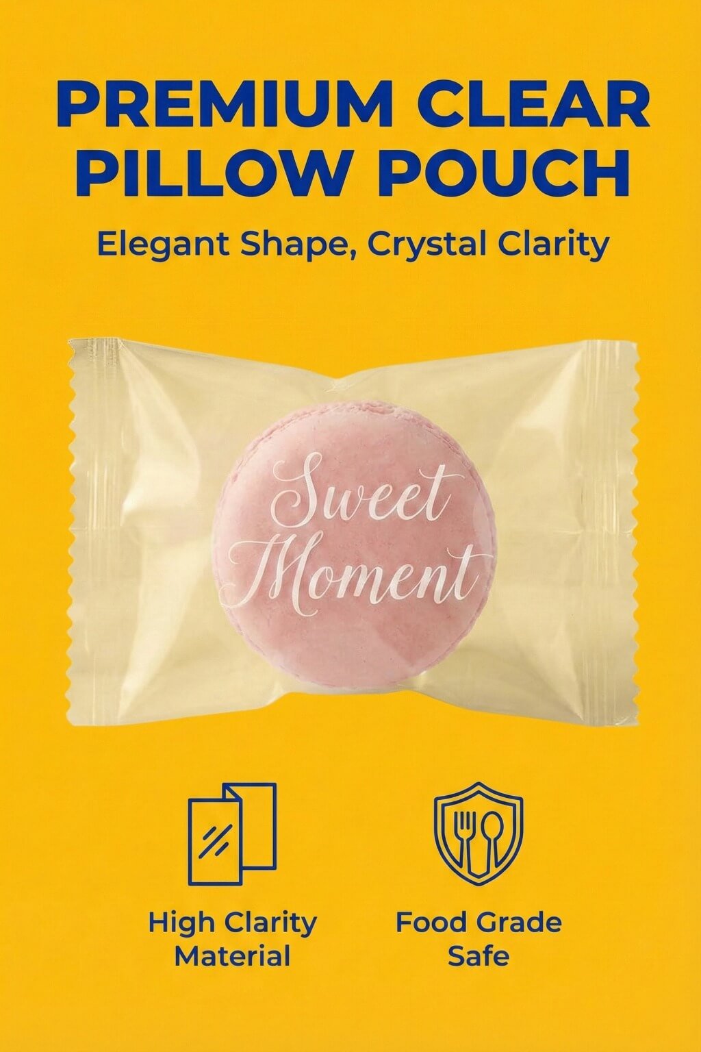 A transparent pillow-shaped pouch filled with colorful candies and sealed with a sawtooth edge.