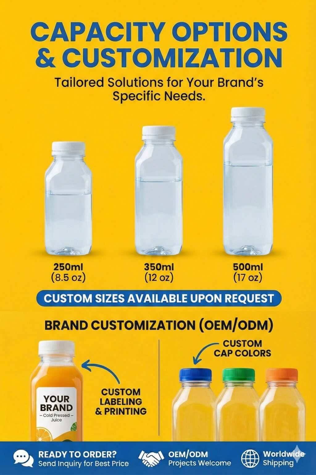 Premium Clarity for Healthy Brands: Empty Plastic Square Juice Bottle Showcase the vibrant colors of your fresh beverages with our professional empty plastic square juice bottles. In the 2026 wellness market, transparency and safety are paramount. Our PET drink containers provide a crystal-clear view of your smoothies and cold-pressed juices while ensuring maximum security with an integrated tamper-evident cap system. It is the ideal choice for juice bars, coffee shops, and beverage brands looking to combine modern aesthetics with industrial reliability. Engineered for Safety and Practicality SHATTER-RESISTANT PET DURABILITY Unlike glass, our PET beverage bottles are lightweight and highly resistant to impact. This shatter-resistant quality reduces loss during transit and ensures a safe experience for your customers, whether they are enjoying a drink at a local coffee shop or ordering through a delivery service. SAFETY FIRST WITH TAMPER-EVIDENT CAPS Each bottle comes with a precision-fit screw cap that features a tamper-evident security ring. This provides an essential layer of protection for your products, giving consumers peace of mind that their smoothie or soda has not been opened since it was filled at your facility. SPACE-OPTIMIZED SQUARE SILHOUETTE The square juice bottle design is more than just a style choice; it is a functional innovation. The rectangular footprint allows you to pack more bottles into every refrigerator and shipping case compared to traditional round bottles, significantly reducing storage costs and logistics overhead. VERSATILE FOR VARIOUS BEVERAGE TYPES With capacities available in 250ml, 350ml, and 500ml, our transparent drink containers are suitable for everything from concentrated ginger shots to large iced teas. The wide mouth design supports the easy pouring of thicker liquids like fruit smoothies and protein shakes, making it a versatile staple in the beverage packaging industry.