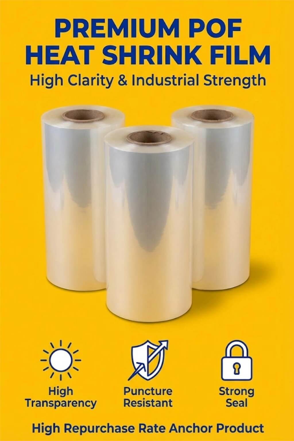A clear POF film roll being applied to a bundle of retail gift boxes in a shrink tunnel machine.