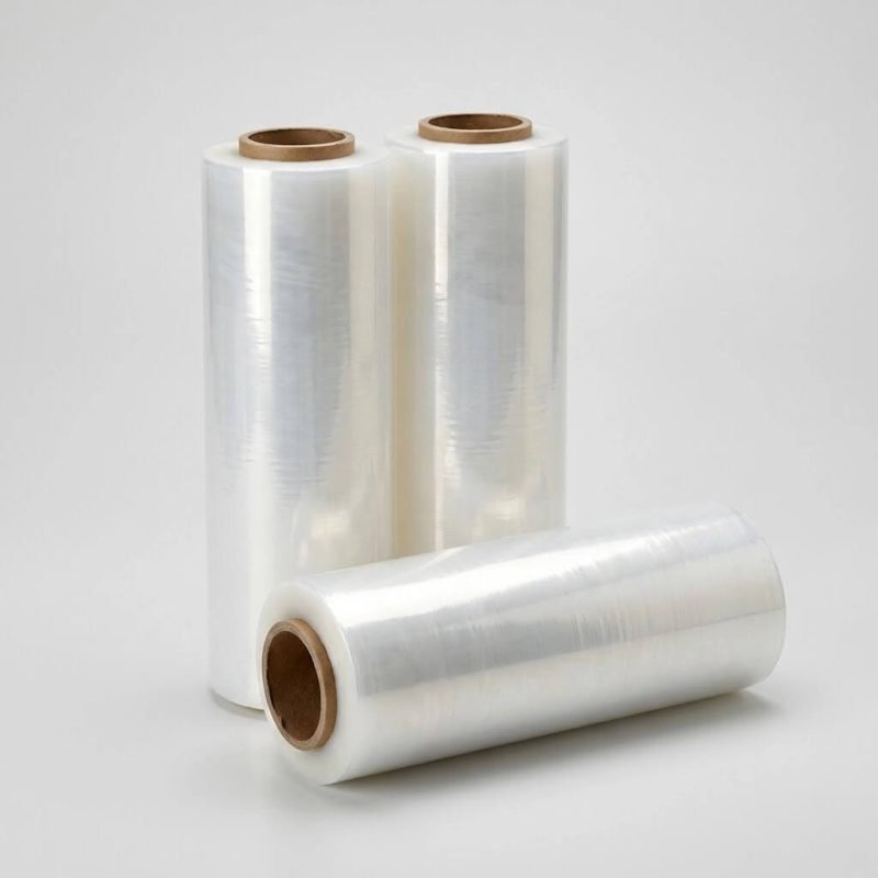 A roll of clear stretch film being wrapped around a pallet of cardboard boxes in a warehouse setting.