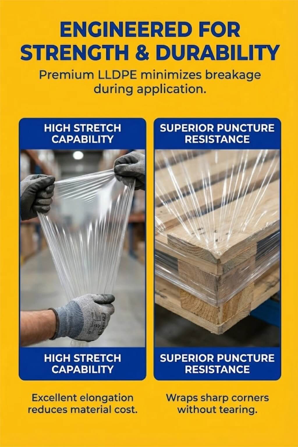 A roll of clear stretch film being wrapped around a pallet of cardboard boxes in a warehouse setting.