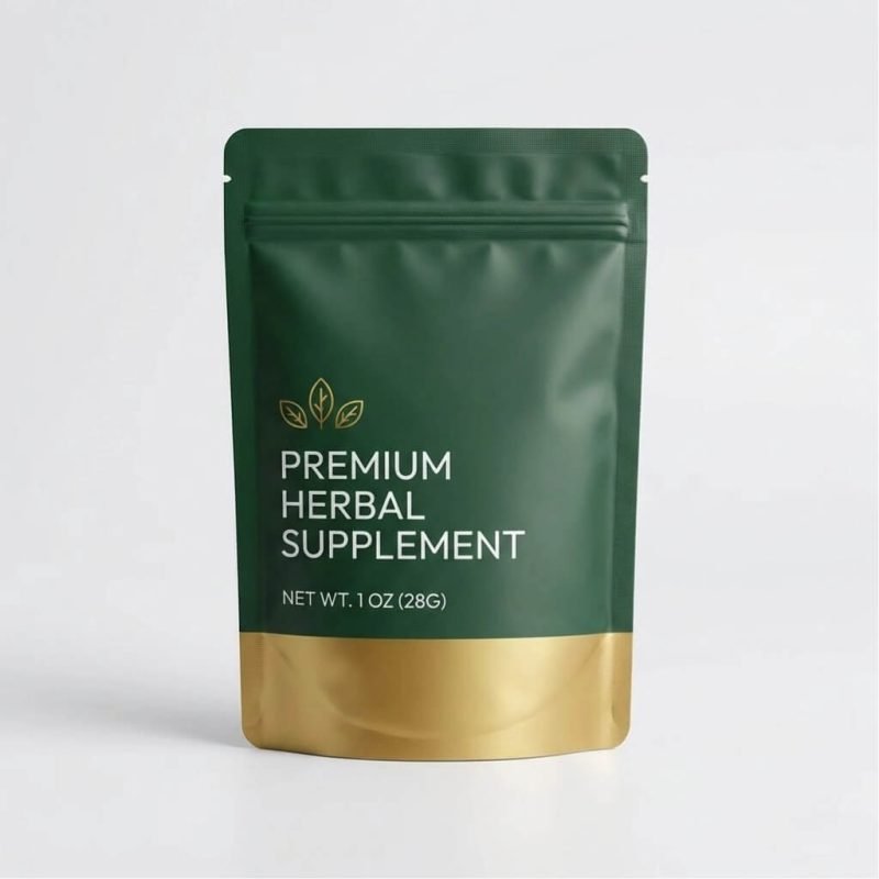 A black smell proof bag with a matte finish and a gold custom logo on a wooden background.