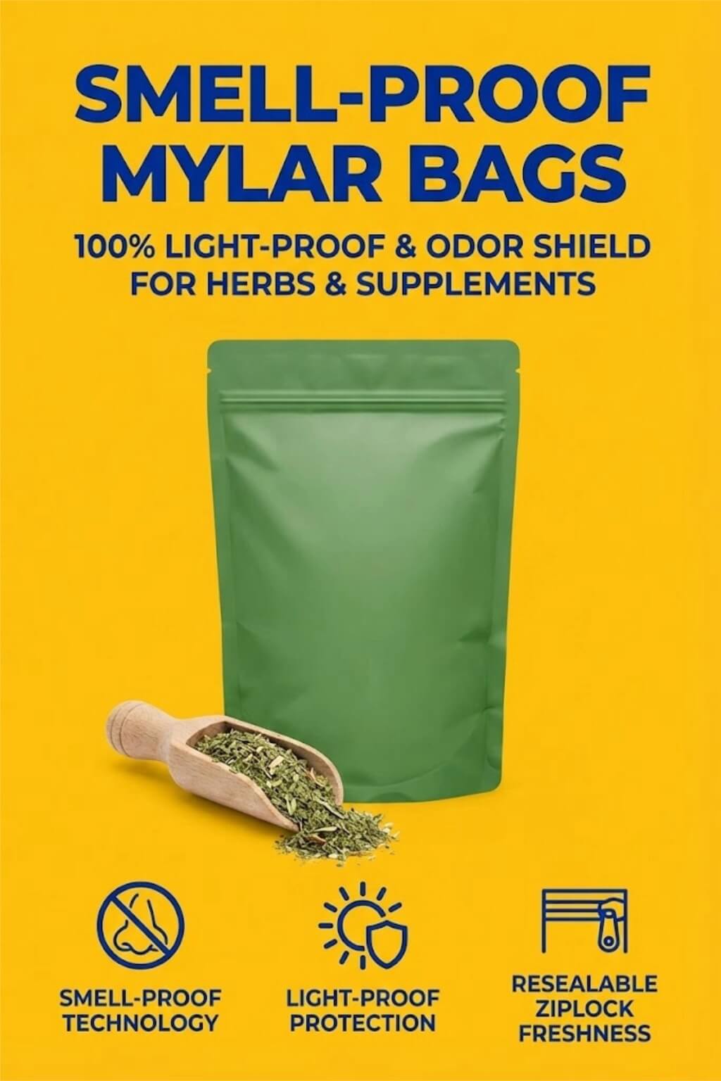 A black smell proof bag with a matte finish and a gold custom logo on a wooden background.
