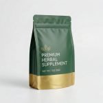 A black smell proof bag with a matte finish and a gold custom logo on a wooden background.