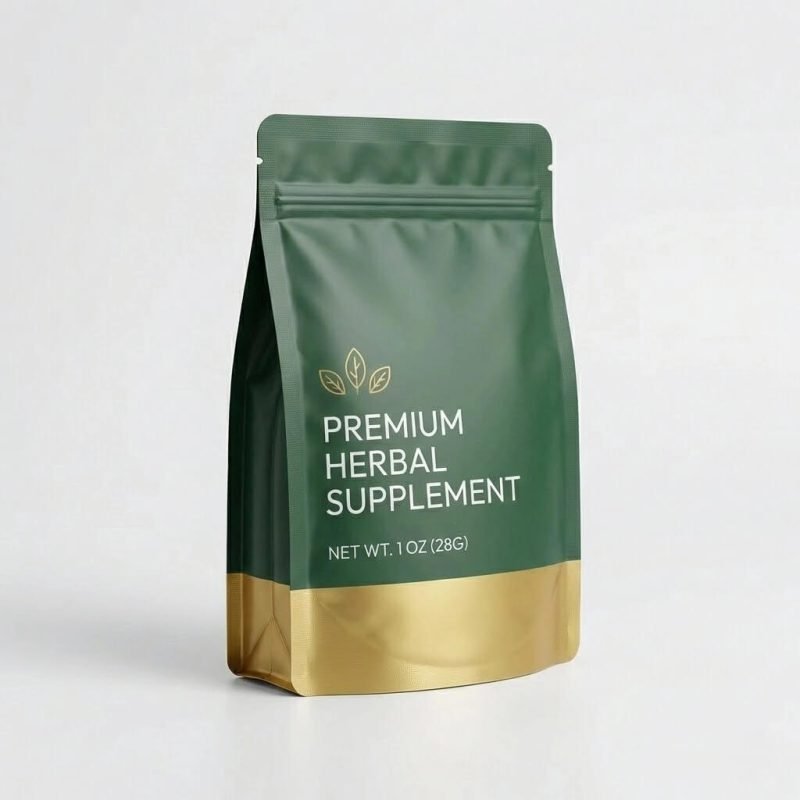 A black smell proof bag with a matte finish and a gold custom logo on a wooden background.