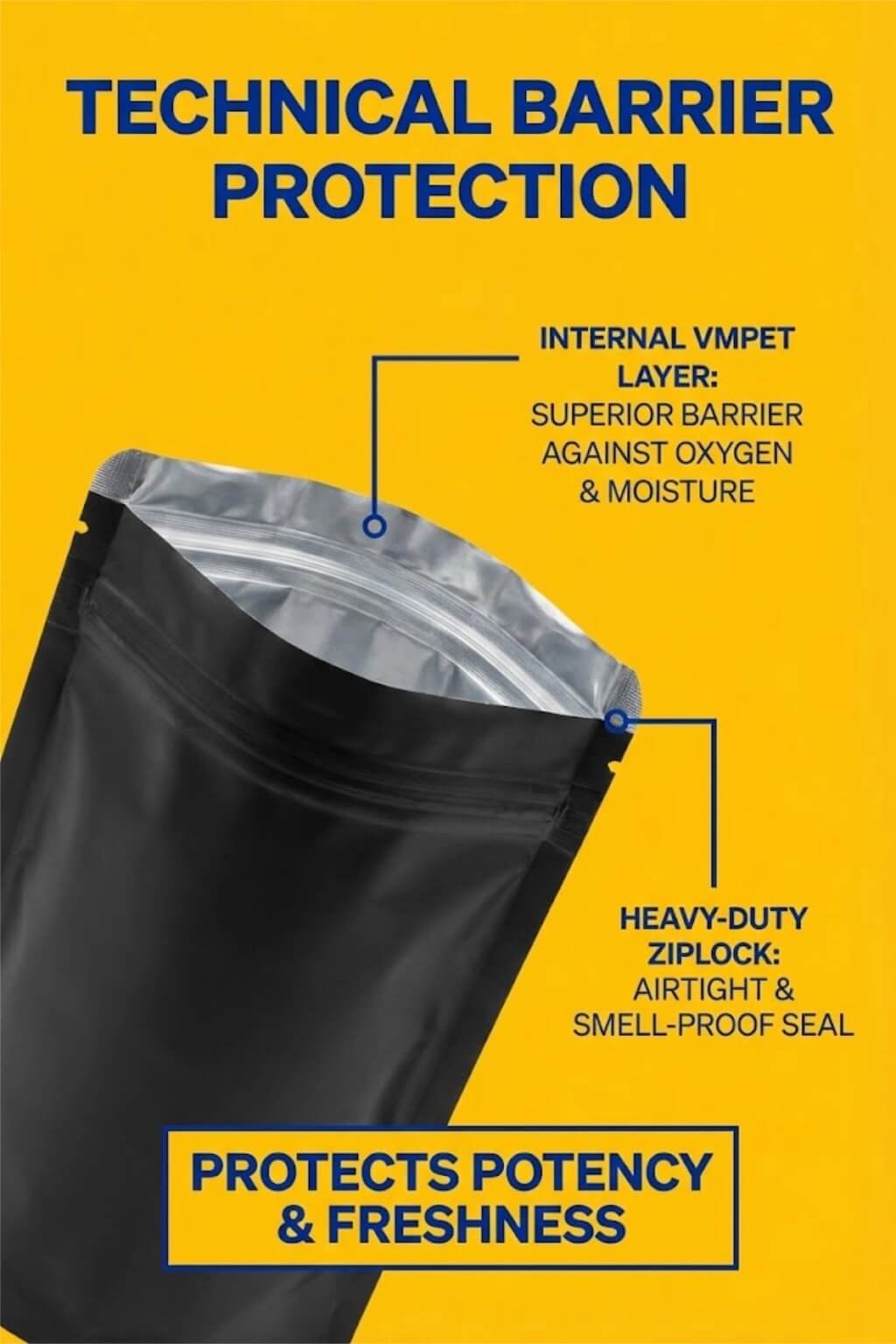 A black smell proof bag with a matte finish and a gold custom logo on a wooden background.