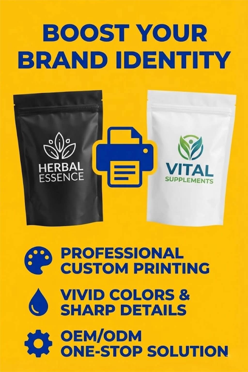 A black smell proof bag with a matte finish and a gold custom logo on a wooden background.