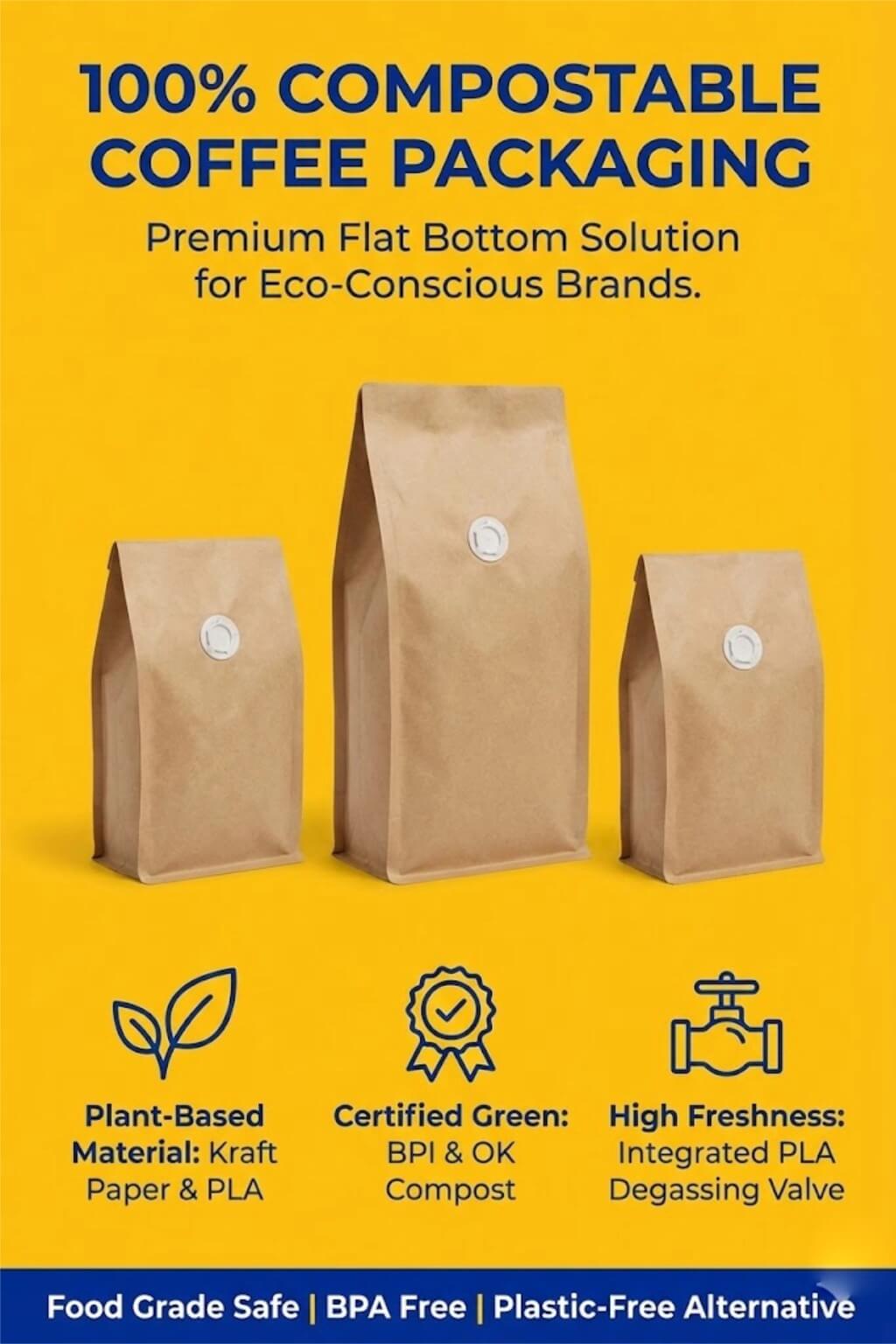 A natural brown compostable coffee bag with a flat bottom and a circular PLA degassing valve standing next to coffee beans.