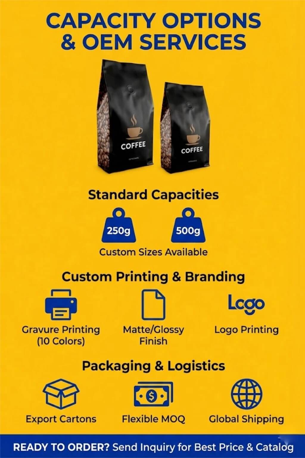 A natural brown compostable coffee bag with a flat bottom and a circular PLA degassing valve standing next to coffee beans.