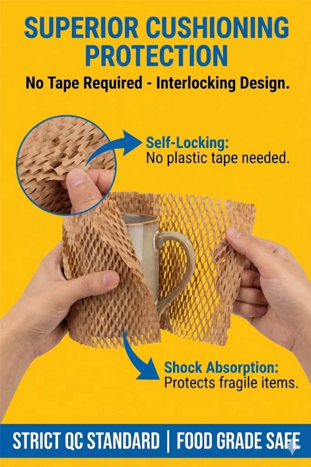 A roll of brown honeycomb wrap being stretched out to wrap a fragile glass vase.