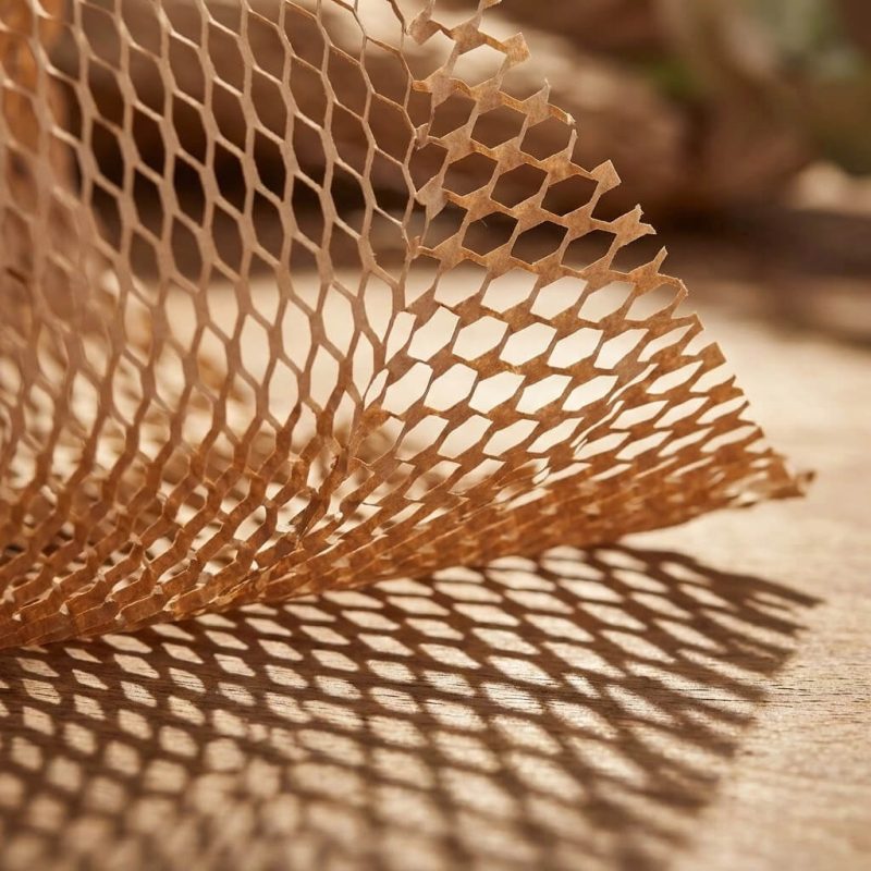 A roll of brown honeycomb wrap being stretched out to wrap a fragile glass vase.