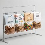 A clear hanging bag with a colorful printed header card filled with chocolate cookies on a retail display rack.