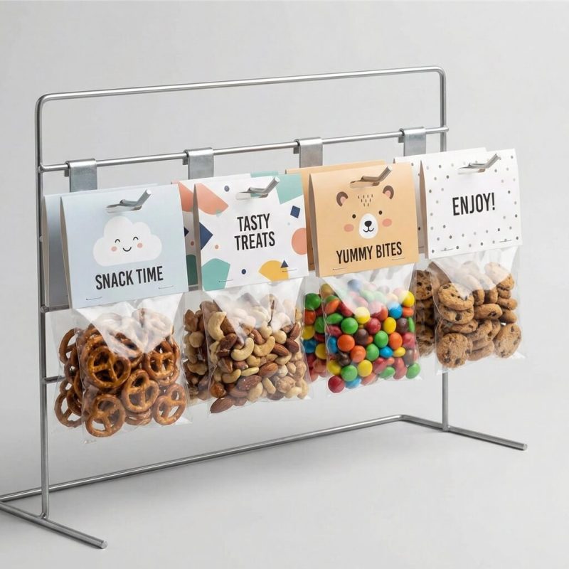 A clear hanging bag with a colorful printed header card filled with chocolate cookies on a retail display rack.